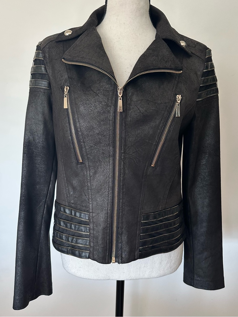 Frank Lyman Ribbed Moto Biker Jacket Premium Faux Leather Edgy Charcoal Coat